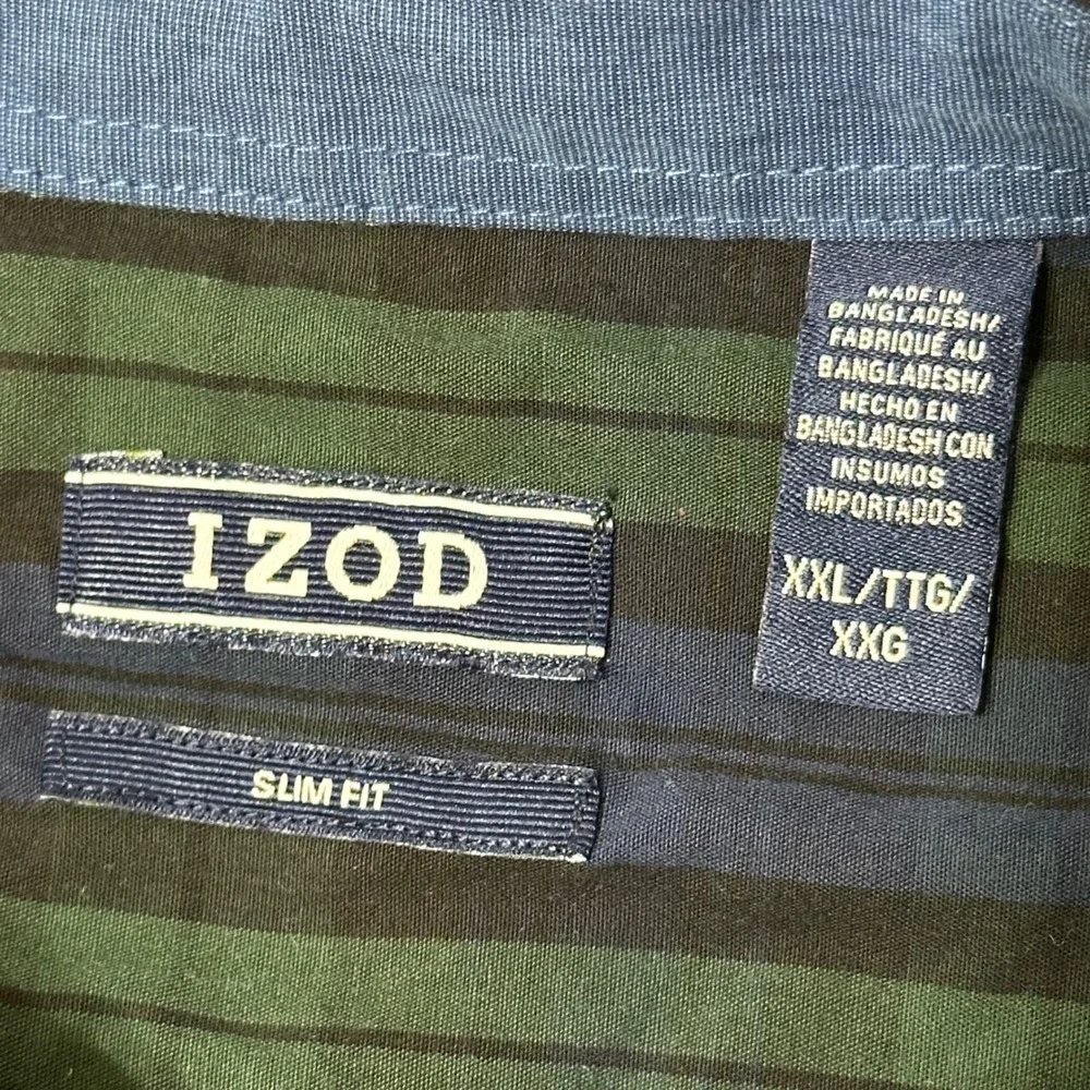 IZOD Button Down Shirt Mens XXL Blue Green Striped Slim Fit Long Sleeve Cotton